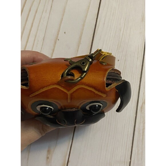 Hand Made Embossed Leather Brown Dog Coin Purse Bull Dog Lover Bone Wristlet - Picture 10 of 16